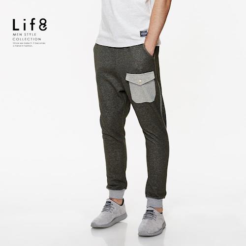 Life8-Casual 舒適棉質 雙色拼接抽繩綿長褲-02437