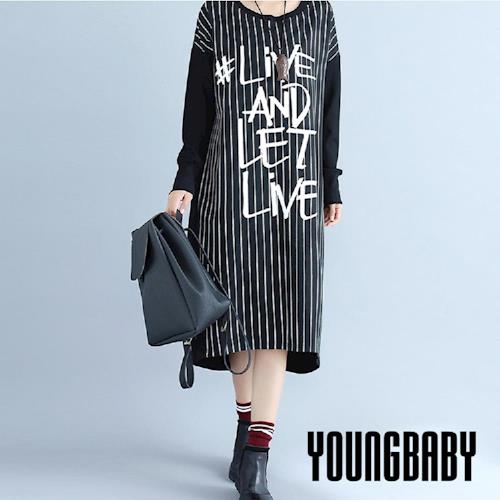 【YOUNGBABY中大碼】#LIVE直紋接黑袖長洋裝