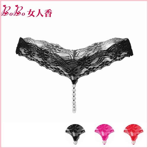 【BoBo女人香】華麗蕾絲珍珠按摩開檔內褲-性感情趣丁字褲-C2142