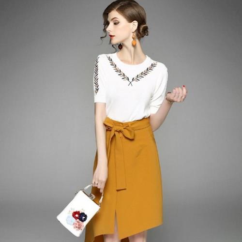 伊凡莎名媛時尚-法式簡約刺繡針織+不規則裙3048SD