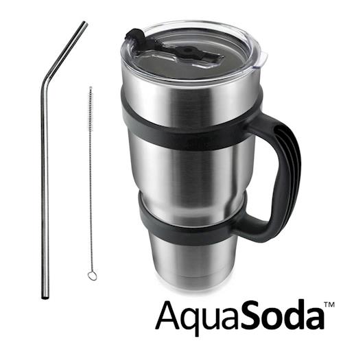 【美國AquaSoda】304不鏽鋼雙層保溫保冰杯900ml(杯架組)