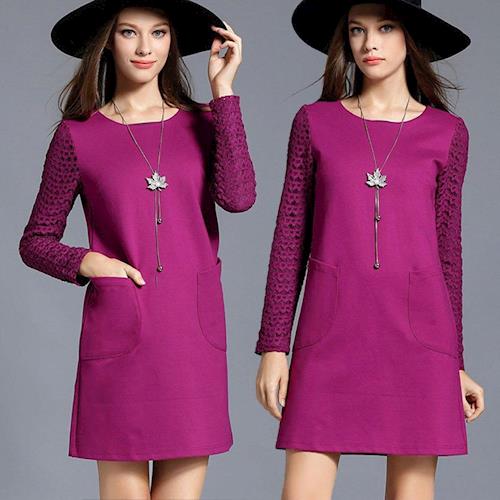 麗質達人中大碼 - PM2627紫紅色蕾絲假二件式洋裝 M-5XL