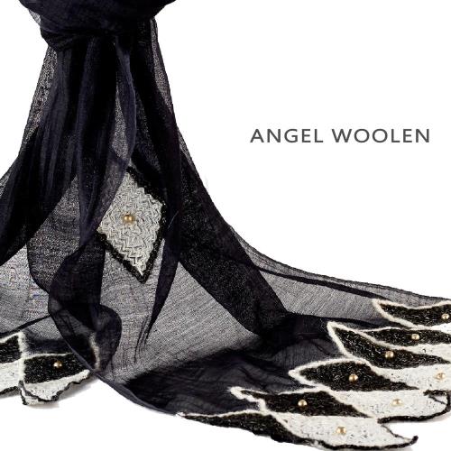 (加1元多1件銀絲柔光蠶絲披肩)Angel Woolen 黑色的黎明/天使的階梯  印度手工披肩 圍巾(共兩色)