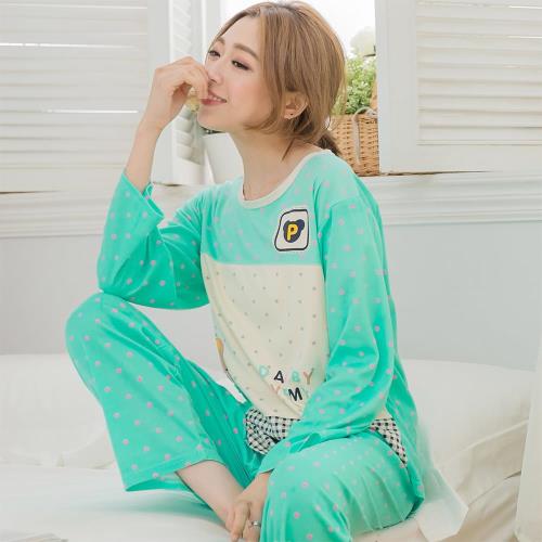 lingling日系 全尺碼-小熊口袋星星格紋牛奶絲長袖二件式睡衣組(童趣藍綠)A3067-01