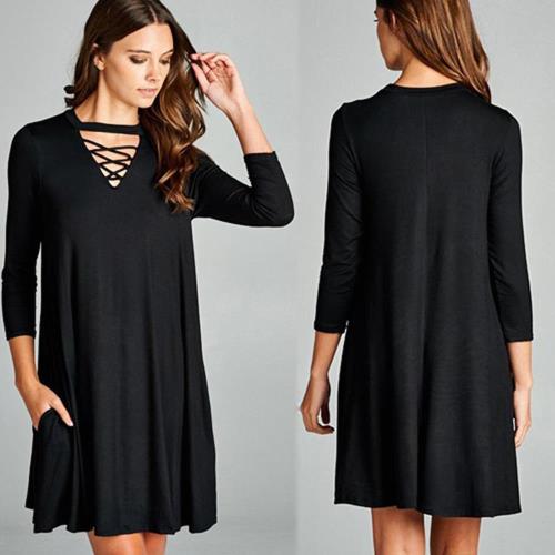 SCL T17159 歐風時尚黑色連衣裙洋裝