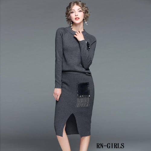 RN－girls-精品鉚釘彈力針織+長裙兩件組長袖套裝