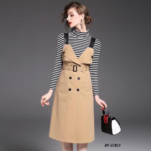 (現貨+預購 RN－girls)-【CH7029】上班族知性款條紋高領上衣+風衣背心裙兩件式裙套裝