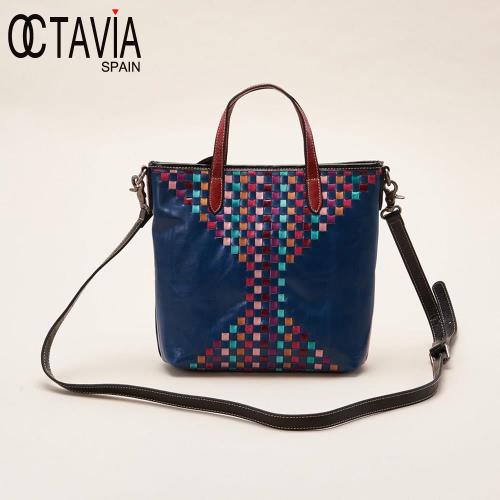 OCTAVIA 8真皮 -古典編織系列 馬賽克手提肩背小書包 - 彩編藍