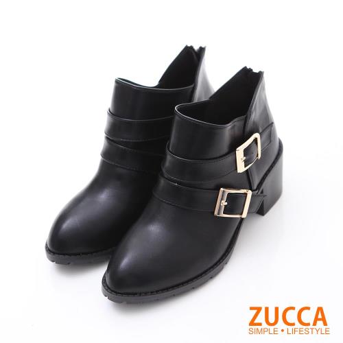 ZUCCA【z6234】日系質感皮革扣環低跟靴-黑色/綠色/駝色