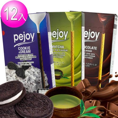 【glico固力果】pejoy 爆漿巧克力棒X4盒入+爆漿抹茶巧克力棒x4盒+爆漿香草黑餅乾巧克力x4盒(共12盒)