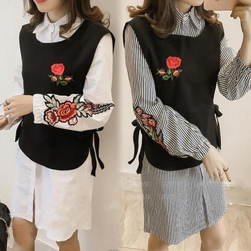 韓國K.W. M~3XL 刺繡上衣+襯衫洋裝兩件式印花套裝