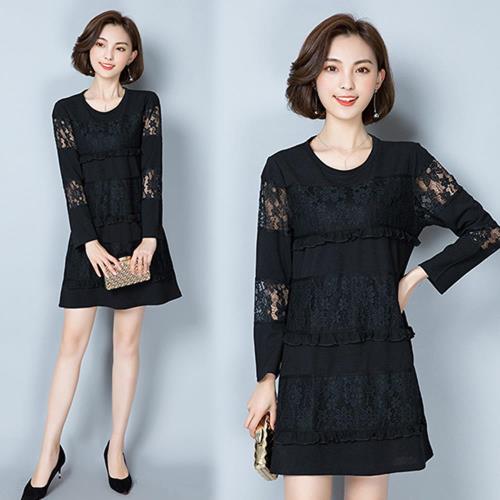 韓國K.W. XL~4XL優雅蕾絲拼接素面洋裝