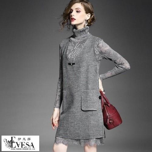 伊凡莎名媛時尚-法式優雅蕾絲洋裝十復古羊毛呢背心裙兩件套