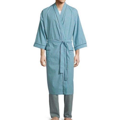 Stafford 男時尚綠藍色系格紋和服款長睡袍(預購)