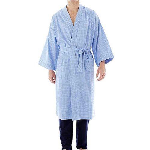 Stafford 男時尚法國藍色系格紋和服款長睡袍(預購)