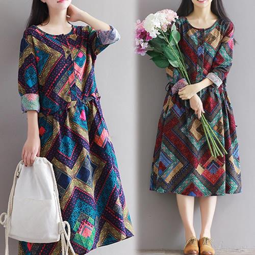 韓國K.W. M~2XL復古棉麻印花洋裝