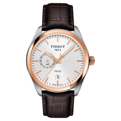 TISSOT天梭 PR100 GMT 二地時區手錶-玫瑰金圈x咖啡 39mm T1014522603100