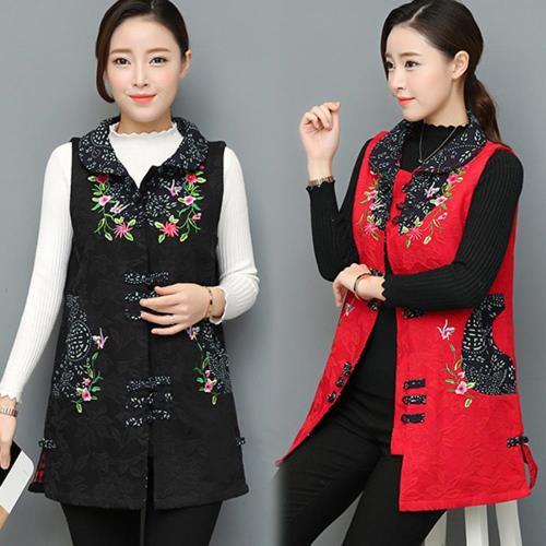 韓國K.W.  2XL~5XL民族風精緻繡花單排釦背心外套