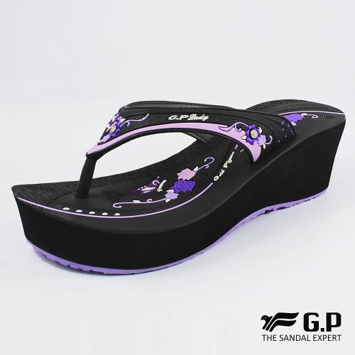 G.P 女款厚底雕花夾腳拖鞋G8513W-紫色(SIZE:35-39 共三色)