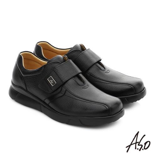 A.S.O 厚切氣墊 全牛皮超輕彈力氣墊休閒皮鞋- 黑