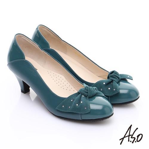 A.S.O 輕透美型 全真皮扭結蝴蝶低跟鞋- 藍