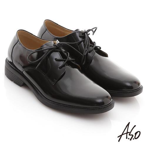 A.S.O 學生鞋系列 鏡面牛皮綁帶學生款皮鞋 黑