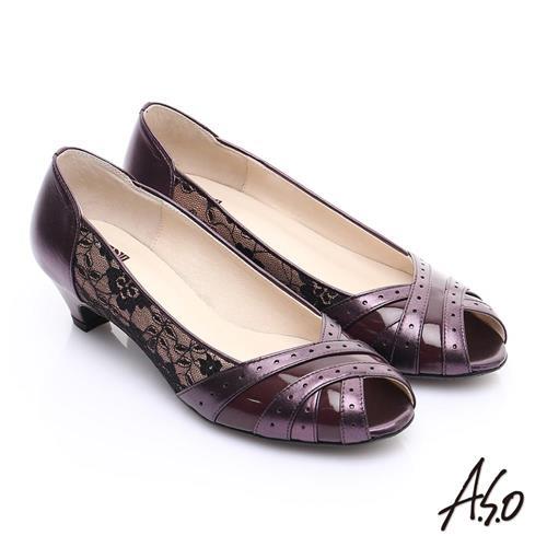 A.S.O 優雅時尚 全真皮金箔側邊蕾絲中跟魚口鞋 紫