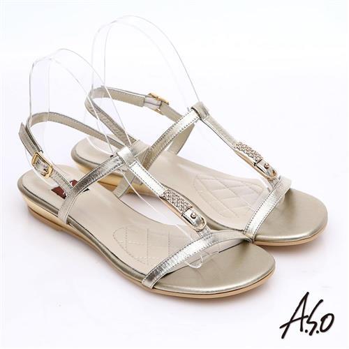 A.S.O 軟芯系列 真皮水鑽金箔細帶涼鞋 金