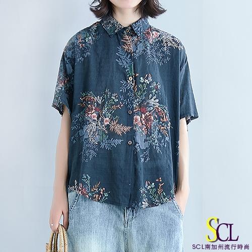 SCL 藍花繪影寬鬆五分袖襯衫