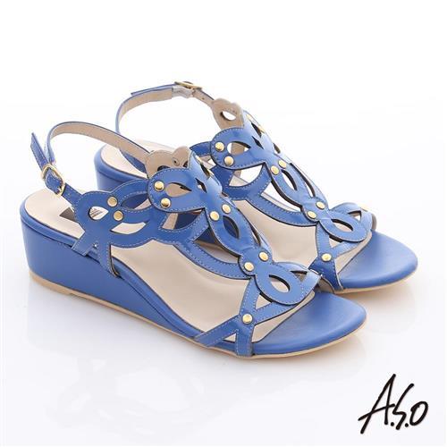 A.S.O 玩美涼夏 鏡面牛皮鏤空花朵鉚釘楔型涼鞋- 藍