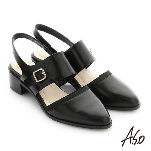A.S.O 個性美型 鏡面羊皮尖頭低跟寬帶涼鞋- 黑