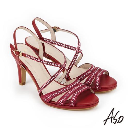 A.S.O 炫麗魅惑 緞布水鑽奈米高跟鞋 正紅