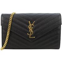 YSL MONOGRAM系列V字縫線魚子醬牛皮金屬LOGO金鍊斜肩/手拿包(黑)