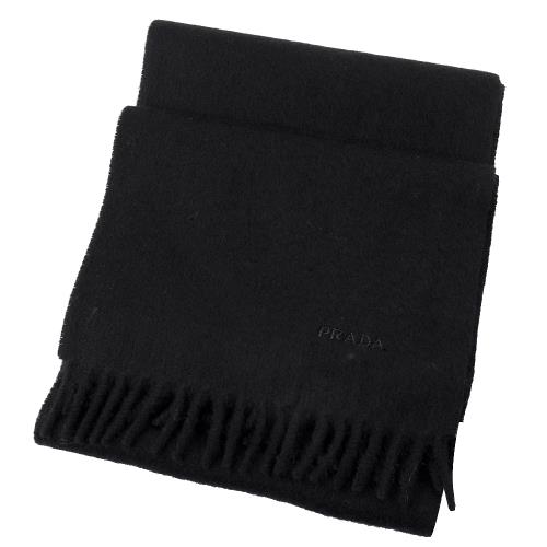 PRADA USC182 刺繡LOGO羊毛混紡流蘇長圍巾.黑