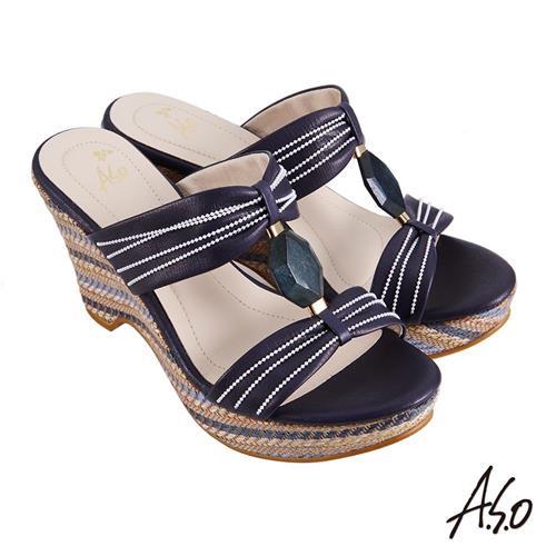 A.S.O 時尚流行 亮眼魅力樸質風格厚底涼鞋-藍