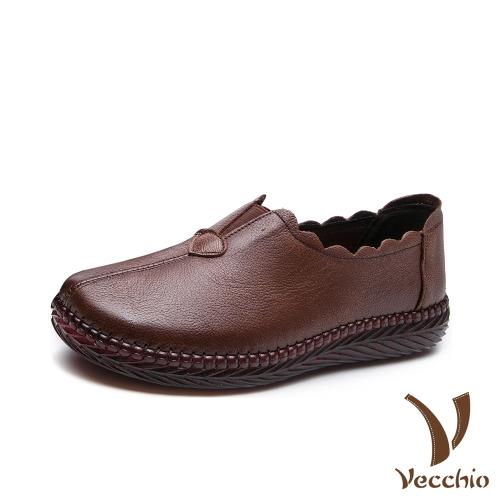 【Vecchio】真皮頭層牛皮花邊鞋口舒適軟底手工縫線復古樂福鞋 棕