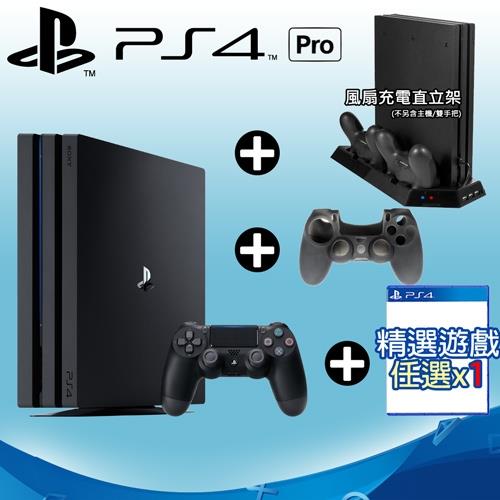 SONY PS4 Pro 7218 1TB-極致黑+熱門遊戲*1+風扇直立架+手把果凍套*1(顏色隨機)|PS4主機