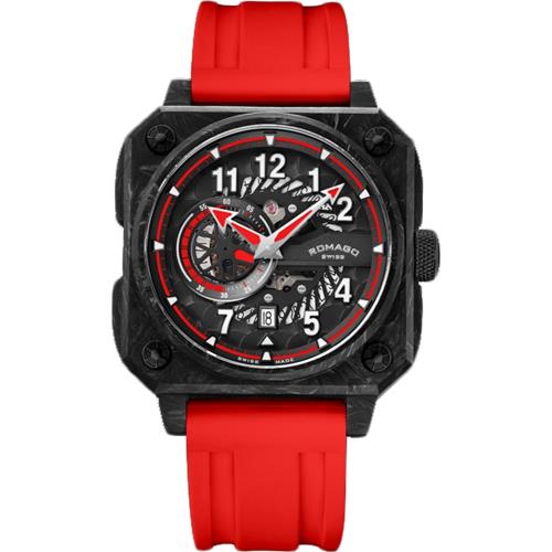 ROMAGO 碳霸系列 超級碳纖自動機械腕錶 - 黑紅色/46.5mm RM097-BKRD