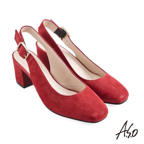 A.S.O-職場通勤-健步美型方頭質感後拉帶中跟鞋-紅