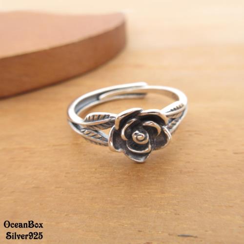 【海洋盒子】復古薰黑枝葉玫瑰花925純銀戒指.可調整