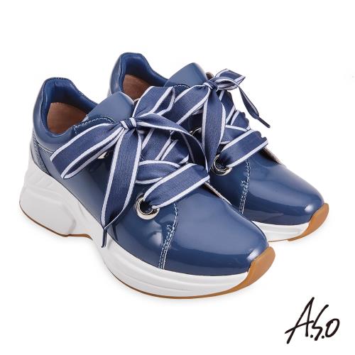 A.S.O-機能休閒-超能耐時尚漆皮雙色寬帶休閒鞋-藍
