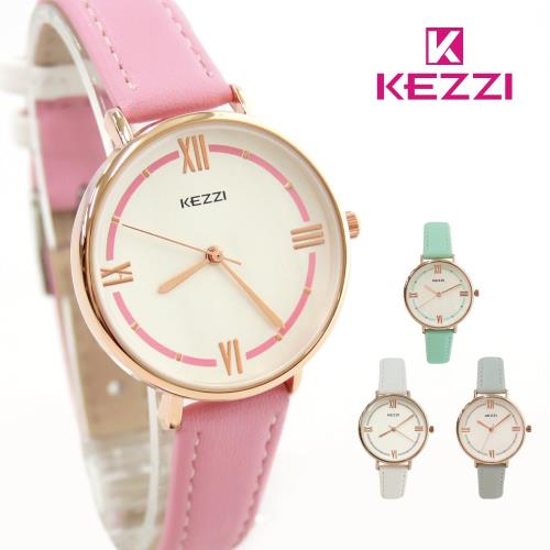KEZZI珂紫 K-1740 甜美清新奶油色優雅玫框皮帶錶