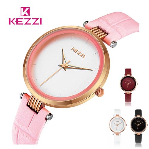 KEZZI珂紫 K-1820 素雅簡約玫色指針壓紋皮質錶帶手錶