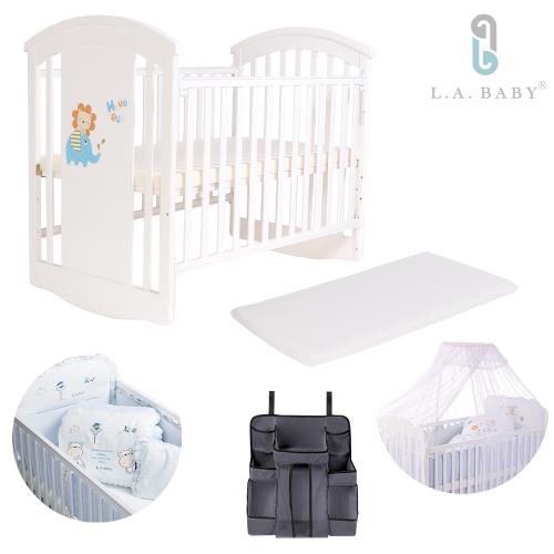 L.A. Baby   柏靈頓嬰兒大床 咖啡色/白色(優質全套組-置物掛袋+蚊帳+寢具 藍/粉)