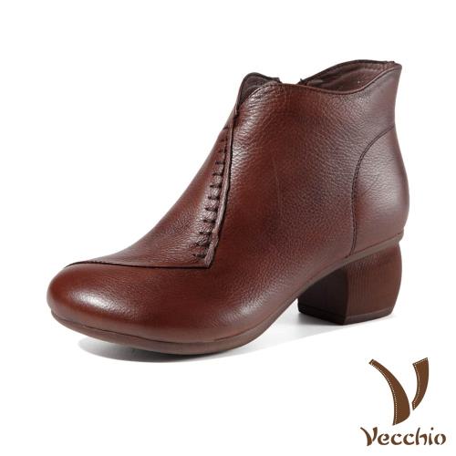 【Vecchio】真皮頭層牛皮質感手工縫線造型舒適寬楦粗跟短靴 棕