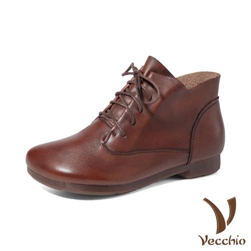 【Vecchio】真皮頭層牛皮寬楦圓頭舒適低跟經典休閒短靴 棕