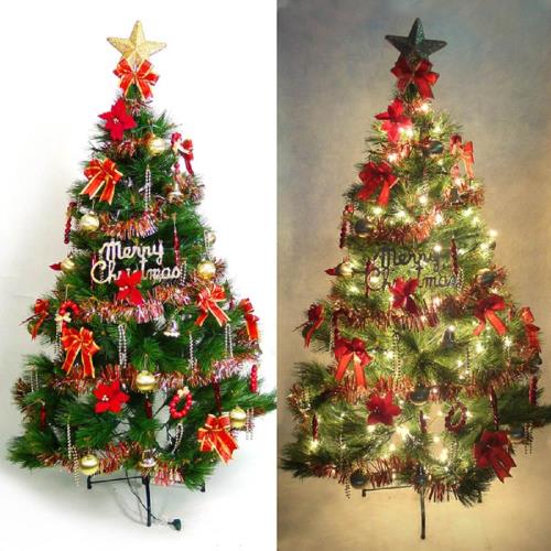 摩達客 台灣製5尺/5呎(150cm)特級綠松針葉聖誕樹 (+飾品組-紅金色系)(+100燈鎢絲樹燈串清光2串)