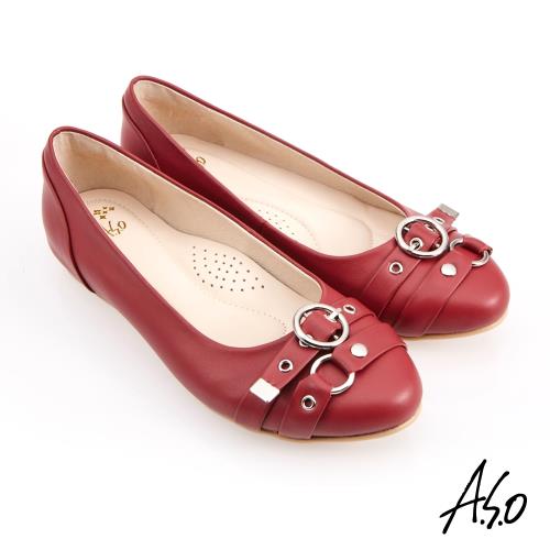 A.S.O-健步通勤水波紋蝴蝶結中跟鞋-紅