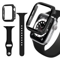 For Apple Watch Series SE/6/5/4 (44mm) 全包覆9H鋼化玻璃貼+錶殼+矽膠錶帶