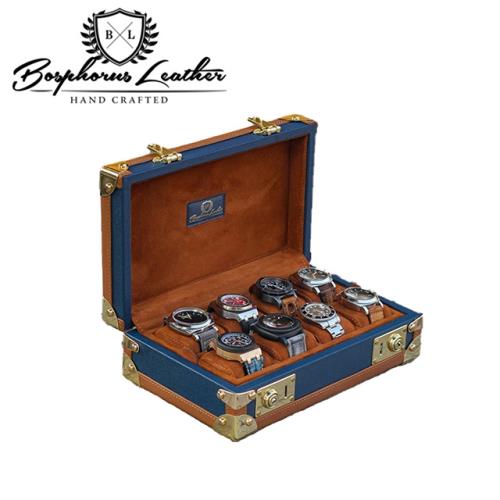 【伯倫】 Scripto-X8 海軍藍裷邊焦糖棕 收藏型金釦八腕錶盒